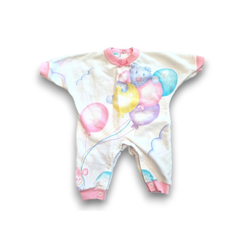 Vintage 80s Carter's Pastel One Piece Romper Teddy Bear Balloons Baby Girl 3m